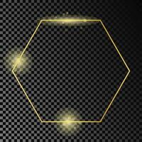 Gold glowing hexagon frame isolated on dark background. Shiny frame with glowing effects. Vector illustration.