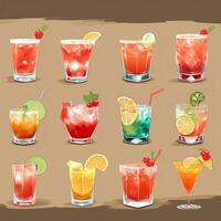 AI generated Cocktail Mocktail Drinks Collection Illustration Water Color Simple Background photo