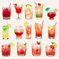 AI generated Cocktail Mocktail Drinks Collection Illustration Water Color Simple Background photo