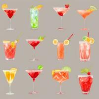 AI generated Cocktail Mocktail Drinks Collection Illustration Water Color Simple Background photo