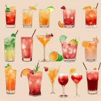 AI generated Cocktail Mocktail Drinks Collection Illustration Water Color Simple Background photo