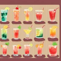 AI generated Cocktail Mocktail Drinks Collection Illustration Water Color Simple Background photo