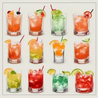AI generated Cocktail Mocktail Drinks Collection Illustration Water Color Simple Background photo