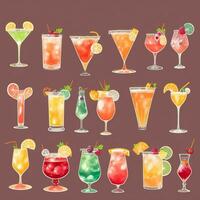 AI generated Cocktail Mocktail Drinks Collection Illustration Water Color Simple Background photo