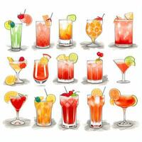 AI generated Cocktail Mocktail Drinks Collection Illustration Water Color Simple Background photo