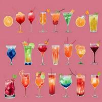 AI generated Cocktail Mocktail Drinks Collection Illustration Water Color Simple Background photo