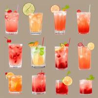 AI generated Cocktail Mocktail Drinks Collection Illustration Water Color Simple Background photo