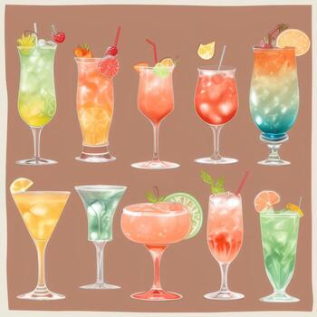 AI generated Cocktail Mocktail Drinks Collection Illustration Water Color Simple Background photo