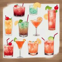 AI generated Cocktail Mocktail Drinks Collection Illustration Water Color Simple Background photo