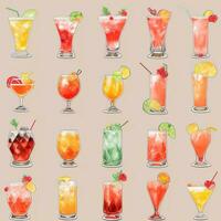 AI generated Cocktail Mocktail Drinks Collection Illustration Water Color Simple Background photo