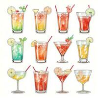 AI generated Cocktail Mocktail Drinks Collection Illustration Water Color Simple Background photo