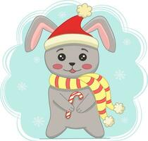 Cute Christmas bunny with candy. Funny Christmas character for design, printing, postcards, posters. Flat cartoon vector illustration on a white background.The symbol of the Chinese New Year 2023.