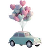 ai generiert Jahrgang Auto mit Liebe Ballon auf Spitze, 3d Design. geeignet zum Hochzeit und Valentinstag png