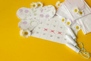 Menstrual pads and tampons on menstruation period calendar with chamomiles on yellow background. photo