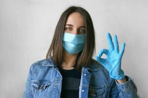 The image of the face of a young woman in a medical mask and gloves shows the OK symbol. photo