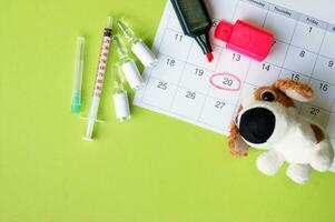 A syringe with ampoules, a soft toy a dog and a calendar with a marked date on light green background. photo