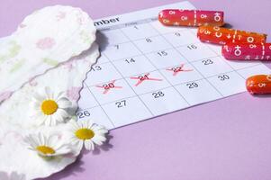 Menstrual pads and tampons on menstruation period calendar with chamomiles on pink background. photo