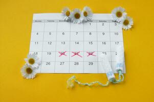 Menstrual tampons on menstruation period calendar with chamomiles on yellow background. photo