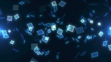 Digital blue background with flying transparent squares. Abstract particles, futuristic geometric shapes. Technological animation. Seamless loop video