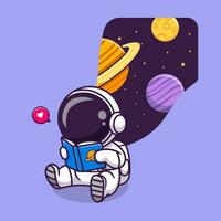 Cute Astronaut Reading Book Space Cartoon Vector Icon Illustration. Science Education Icon Concept Isolated Premium Vector. Flat Cartoon Style