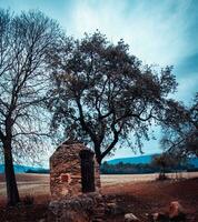 ver de Roca granero y en abierto campo en Mañana. agricultura casa en el campo de un pequeño pueblo en Cataluña. foto