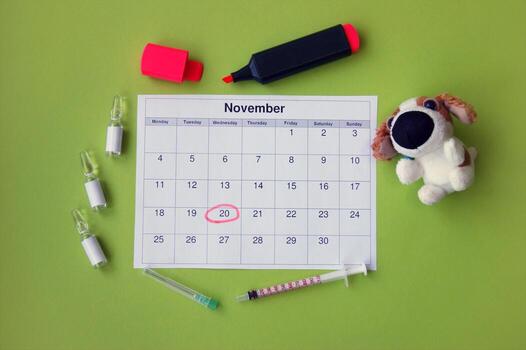 A syringe with ampoules, a soft toy a dog and a calendar with a marked date on light green background. photo