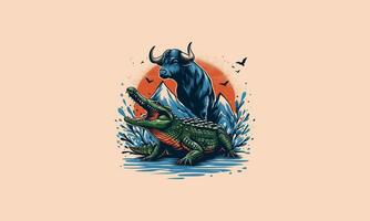 bull and crocodile on mountain vector artwork design