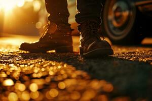 AI generated Close up of man legs in sneakers walking on the road at sunset photo