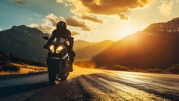 ai generado motocicleta jinete en el la carretera en el montañas a puesta de sol. deporte motorista foto