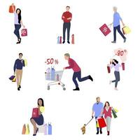 People with shopping bags, gifts and packs from retail and shop. Vector shop people, retail and store purchase, buyer with bag and cart illustration