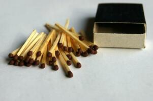 Wooden protective matches are scattered around a cardboard matchbox. photo