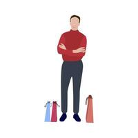 Man with packets after shopping. Guy satisfied wait with purchase isolated on white background. Vector illustration