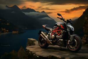 AI generated Motorbike at high mountains with sea background at noon photo