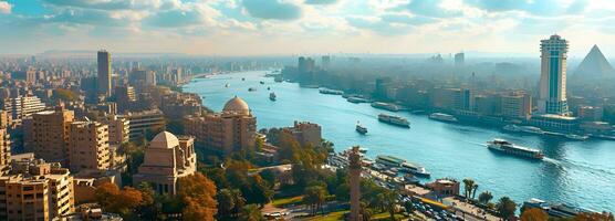 ai generado panorámico ver de el ciudad de El Cairo y Nilo río, Egipto foto