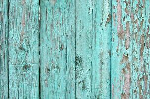 Crackled paint on old light blue wood planks. photo