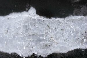 Frozen puddle with broken ice. photo