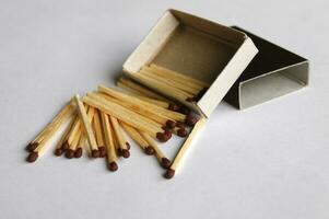 Wooden protective matches are scattered around a cardboard matchbox. photo