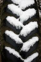 Texture of an old tire with snow in the grooves. photo