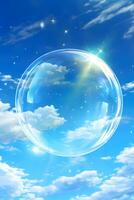 AI generated soap bubble on the background of the blue sky with white clouds photo