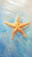 AI generated Starfish in the water with bubbles on a blue background photo