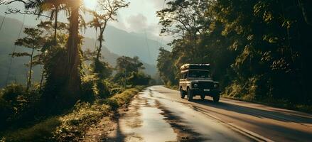 ai generado aventuras coche en el la carretera en el la carretera selva foto