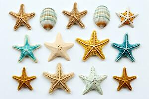 AI generated Top view Starfish and seashells on white background photo