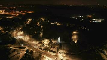 antenne in een baan om de aarde visie van Kerstmis boom in dorp gedurende nacht video