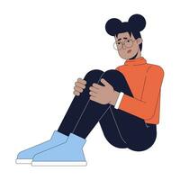 Tired african american woman hugging knees 2D linear cartoon character. Winter blues. Fatigue black girl isolated line vector person white background. Emotional burnout color flat spot illustration