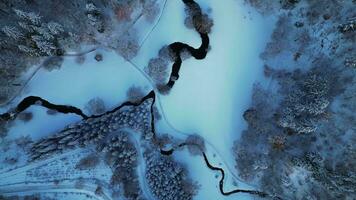 Aerial top down view of snowy park with creek and trees in winter video