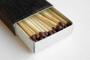 Long wooden safety matchsticks stacked in cardboard matchbox on white background. photo