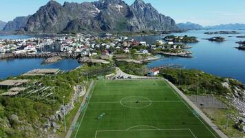 Aerial view of fishing village on Lofoten Islands in Norway video