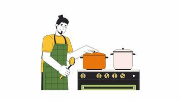 Caucasian guy covering pot with lid line 2D character animation. Stove cooking utensil flat color cartoon 4K video, alpha channel. Meal preparing. European man animated person on white background video