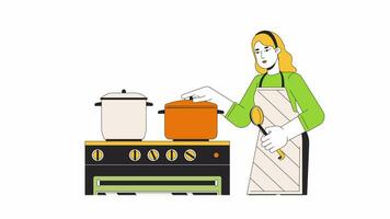 Caucasian woman putting lid on pot line 2D character animation. Cooking dinner at kitchen flat color cartoon 4K video, alpha channel. Boiling water. Blonde female animated person on white background video