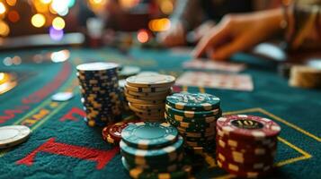 AI generated Poker chips and cards on the table in the casino. Close-up photo